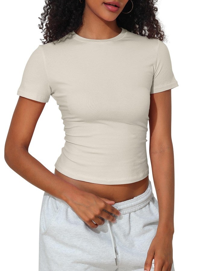 PrettyGuide Women's Casual Summer Basic Tops Crew Neck Short Sleeve Fitted T Shirt Trendy Baby Tee Bone M - Image 1